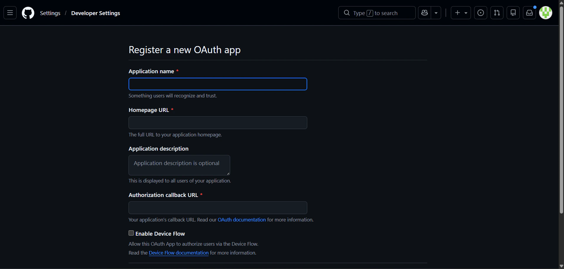 Create a new GitHub OAuth App