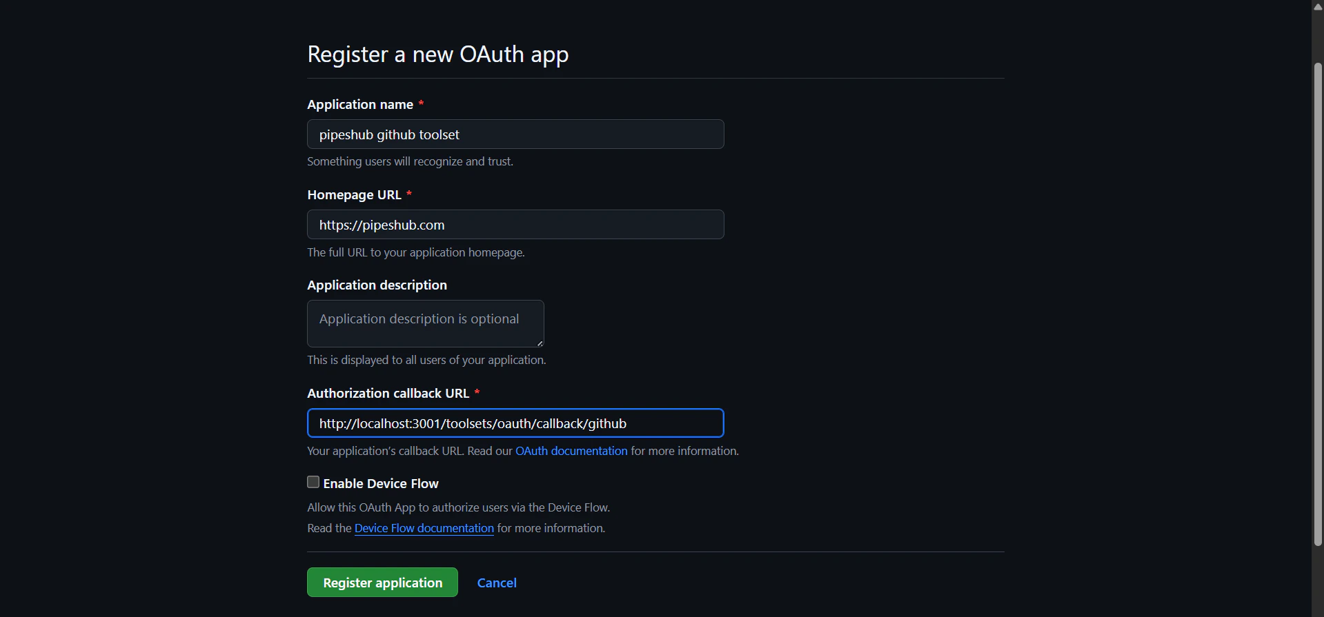 Register a new OAuth application on GitHub