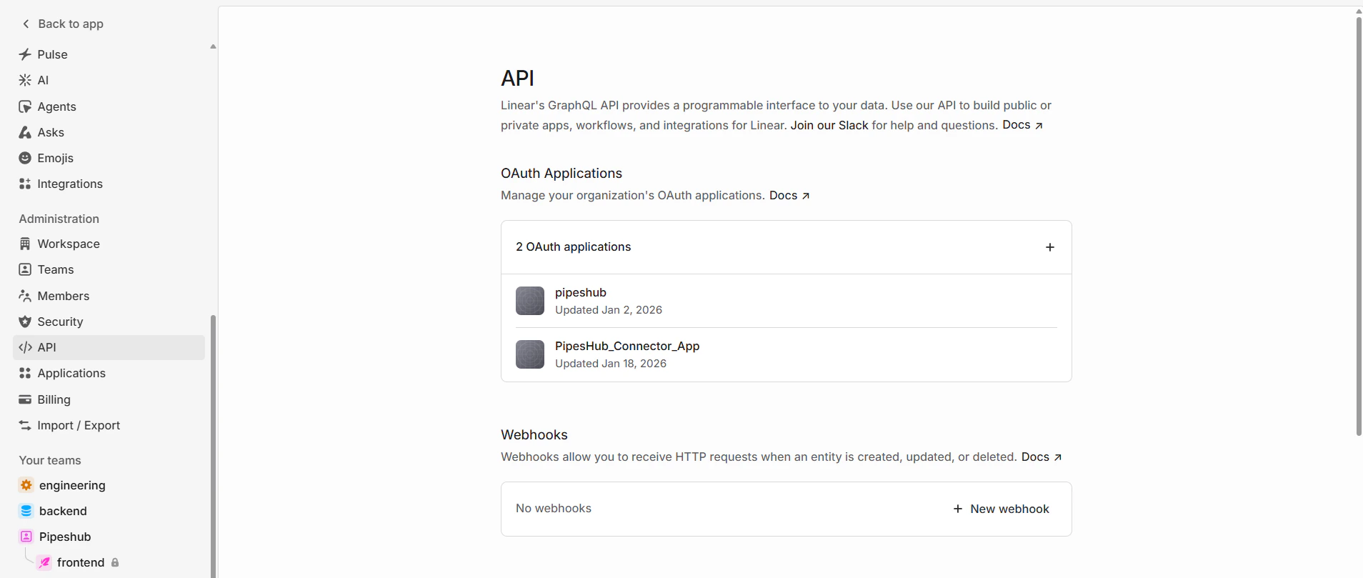 Linear API Settings Page