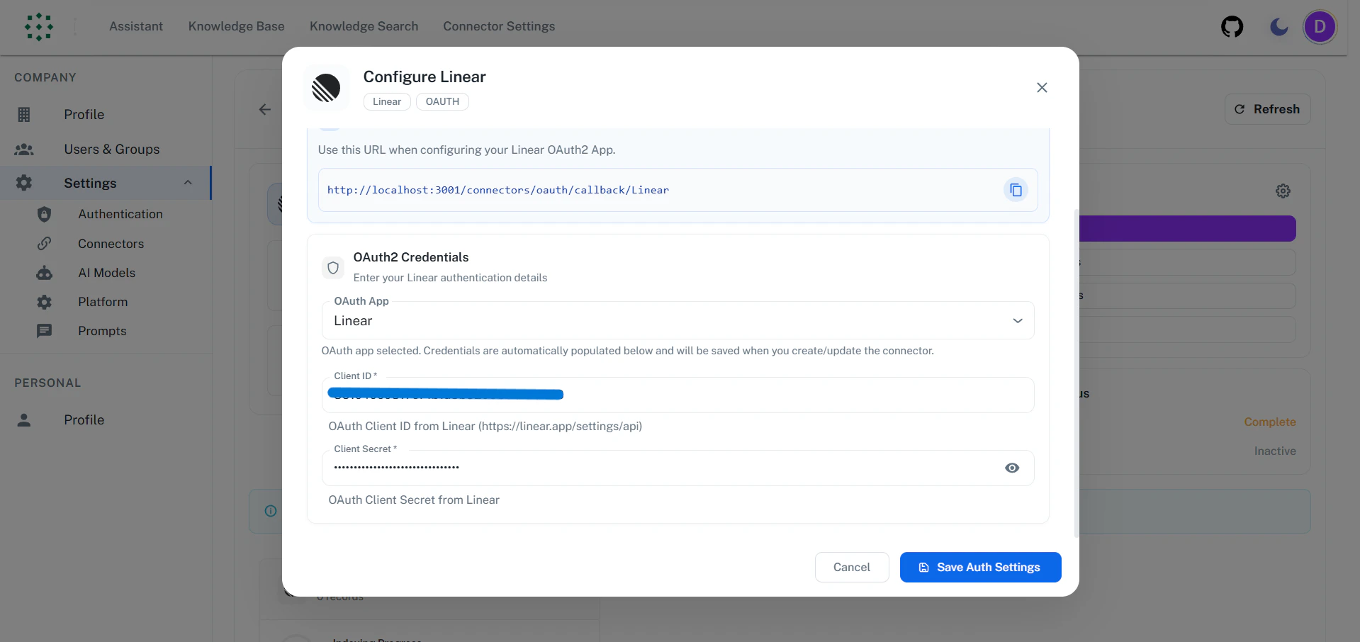 Enter OAuth Credentials in PipesHub