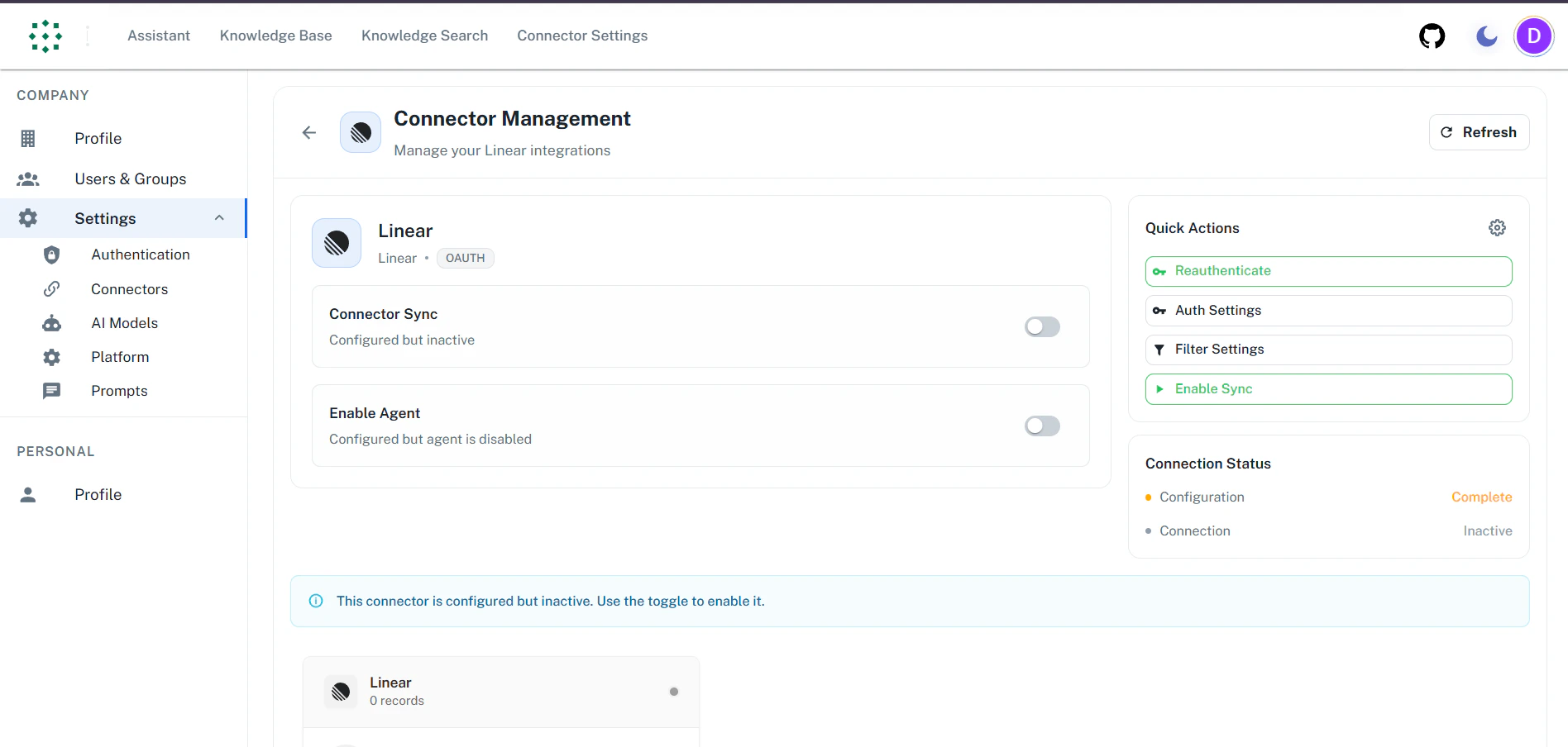 Connector Authenticated Status