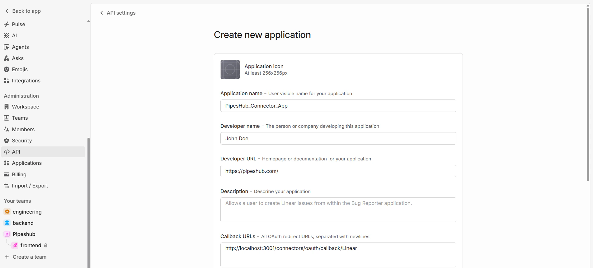 Create OAuth 2.0 Application Form