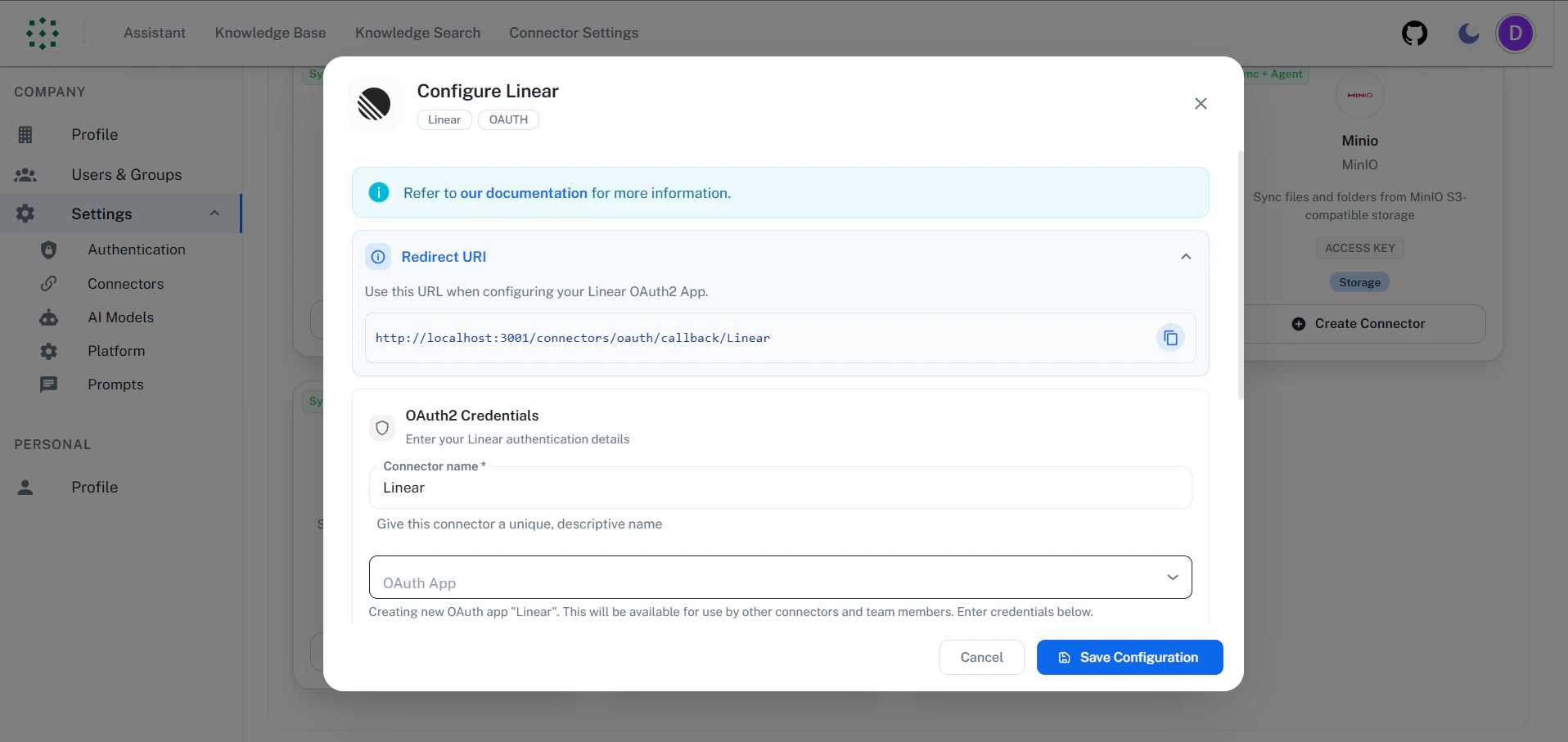 PipesHub Linear Configuration - Copy Redirect URI