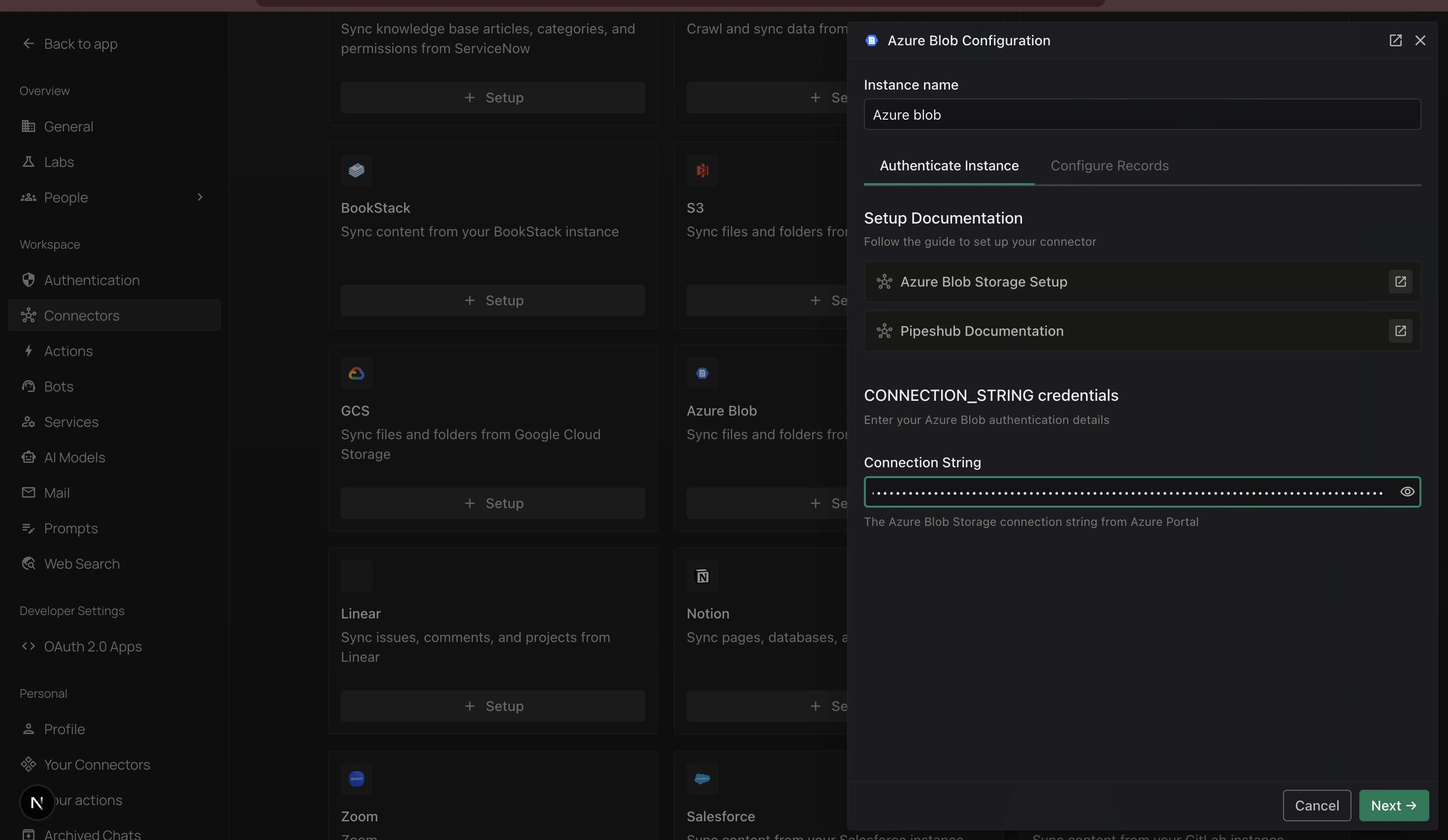 Authenticate Instance tab with Connection String field