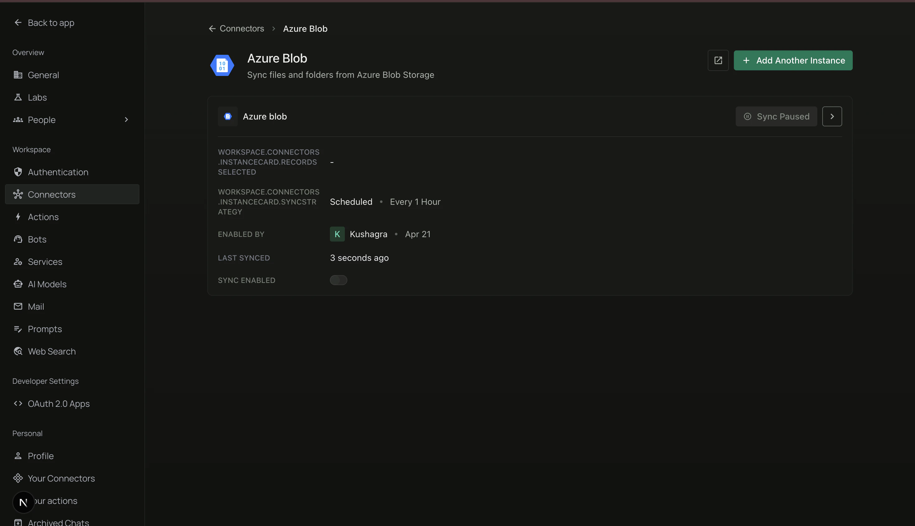 Azure Blob instance card — sync not yet enabled