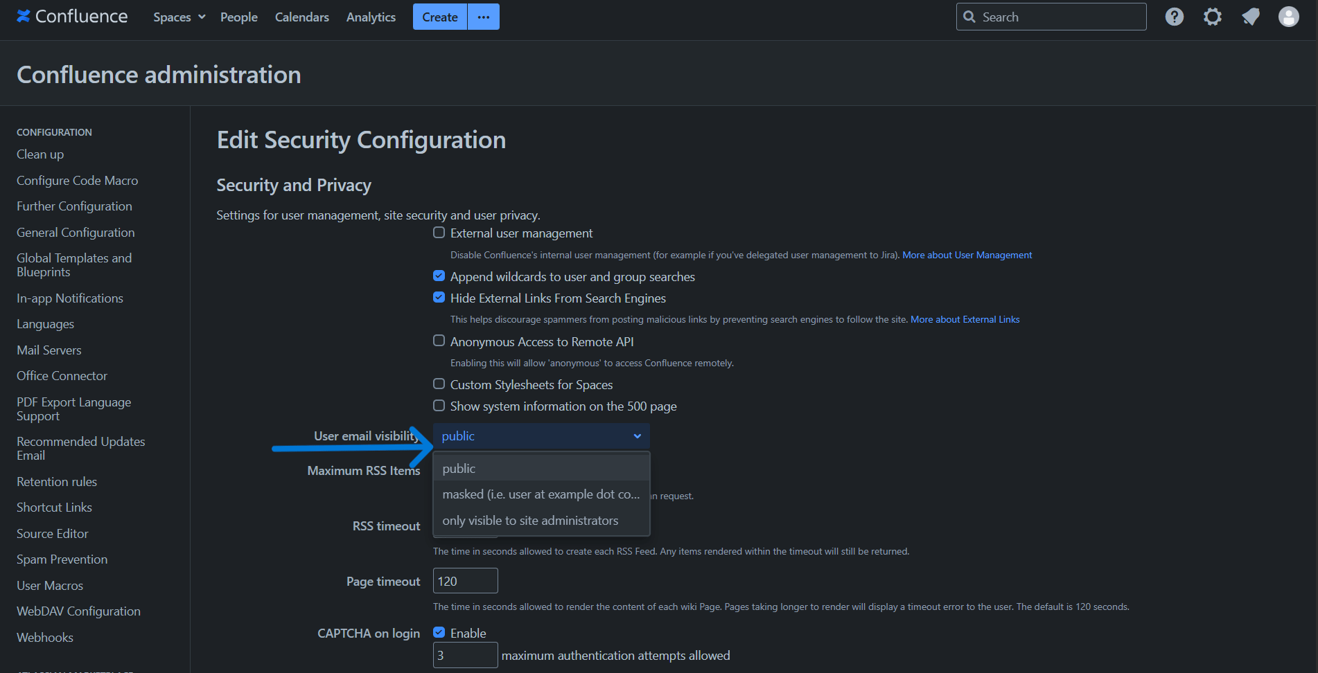User email address visibility setting in Confluence Data Center Security Configuration