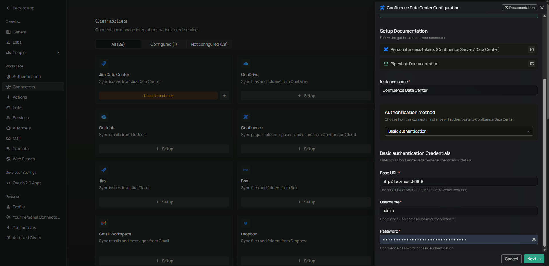 Authenticate Instance tab with Basic Authentication β Base URL, Username, Password fields