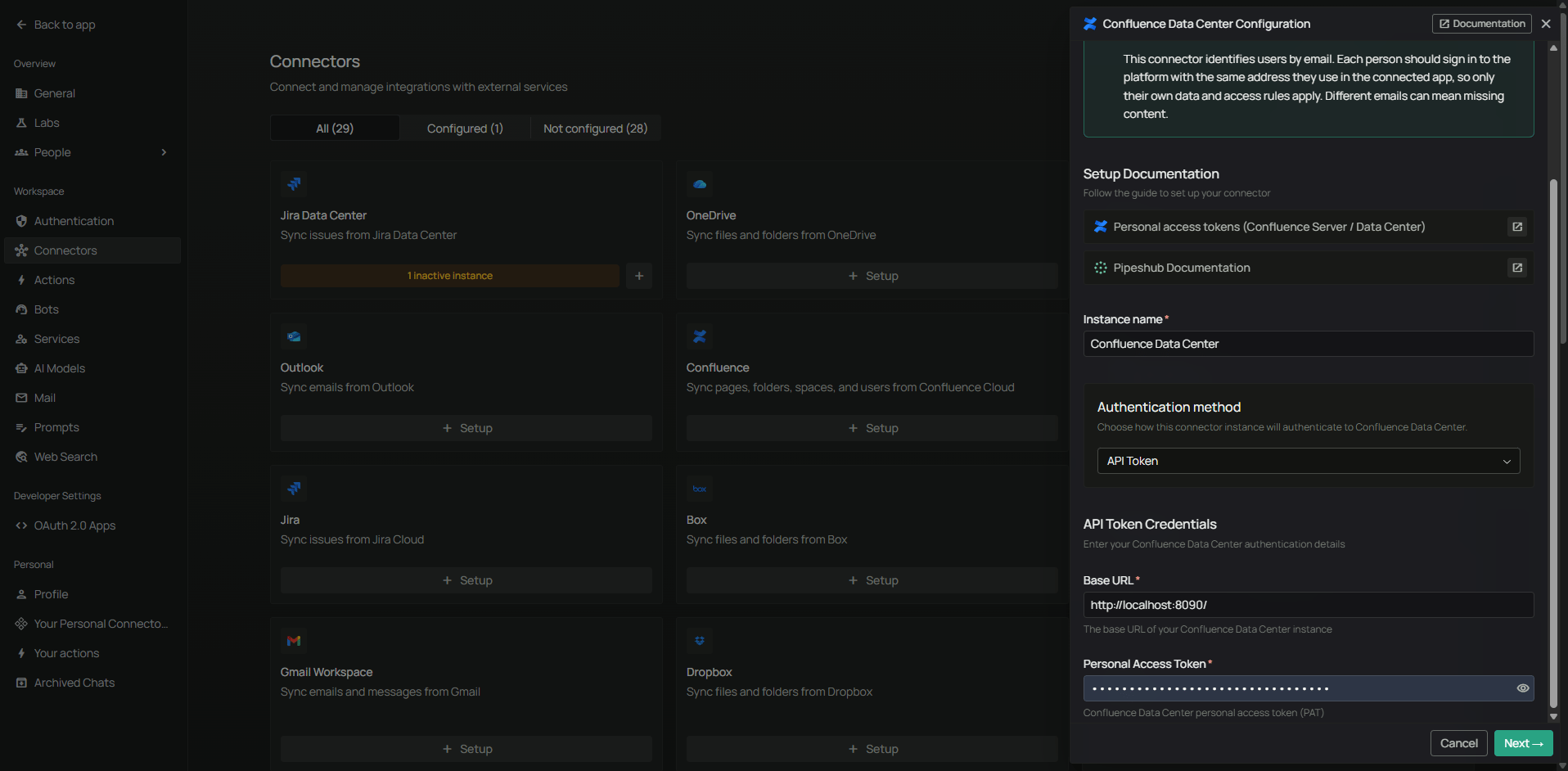 Authenticate Instance tab with Personal Access Token method β Base URL and token fields