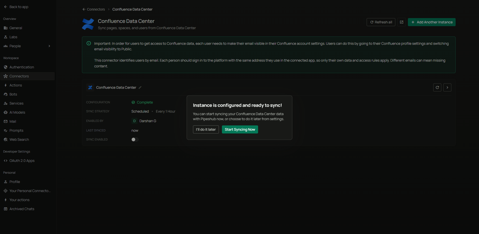 Instance is configured and ready to sync