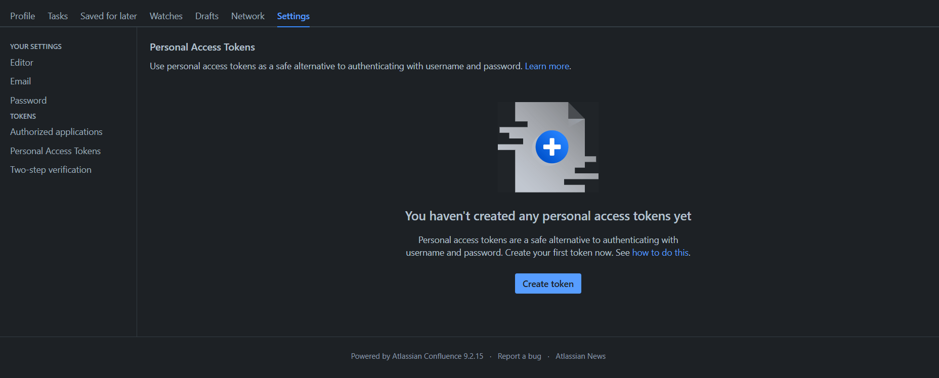 Confluence Data Center profile settings β Personal Access Tokens