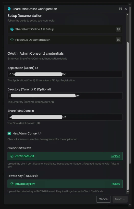 Uploading certificate and private key in PipesHub