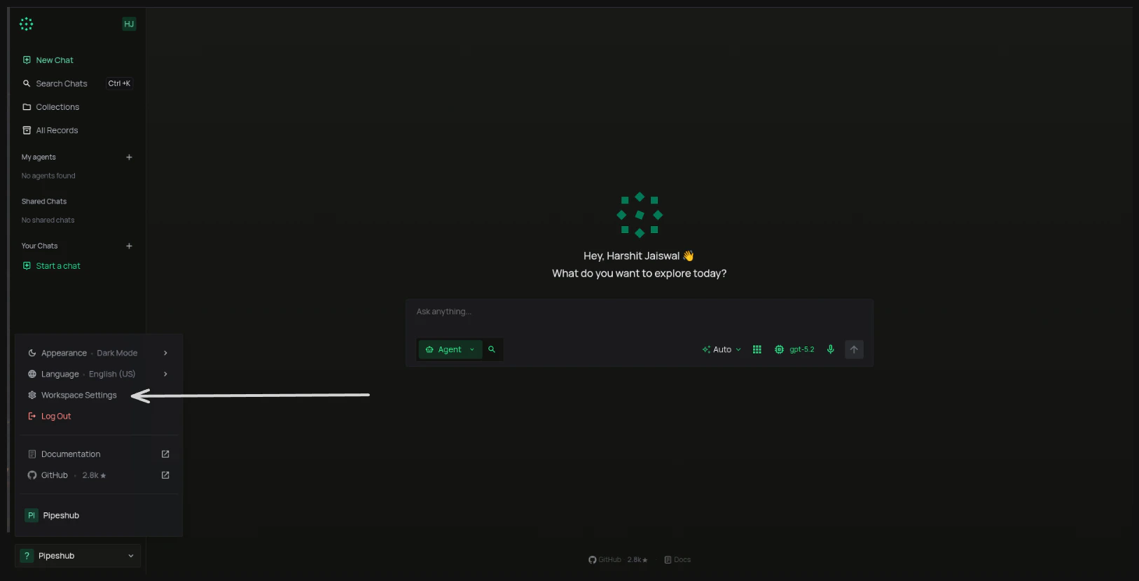 PipesHub Workspace Settings with Connectors navigation