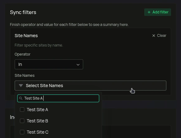 SharePoint connector sync filters: sites, libraries, file extensions, and date ranges