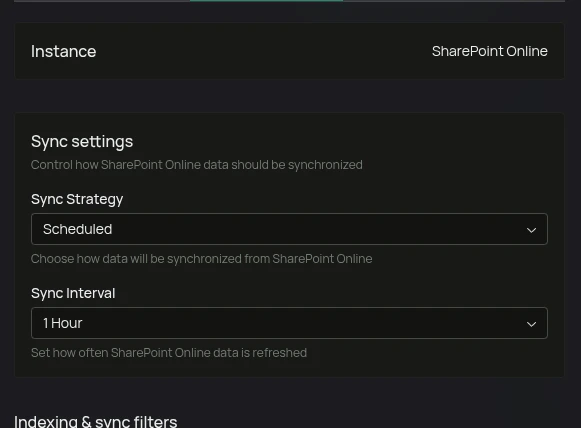 SharePoint connector settings: sync strategy, sync interval, and filter sections