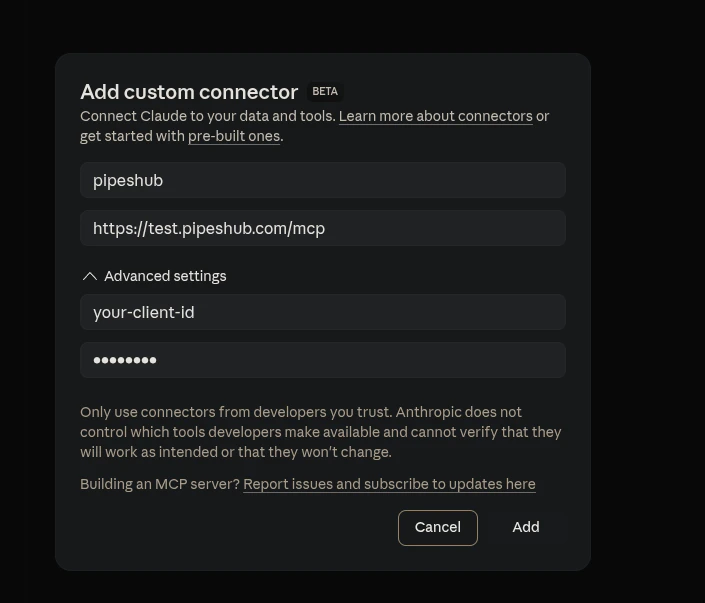 Claude.ai Add Custom Connector Dialog