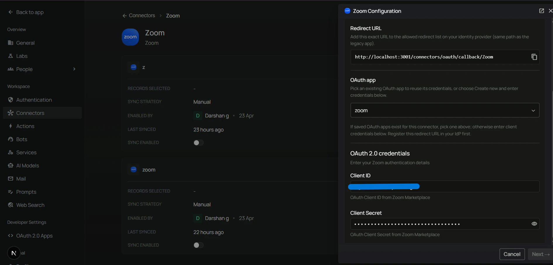 Authenticate Instance tab — enter Client ID and Client Secret
