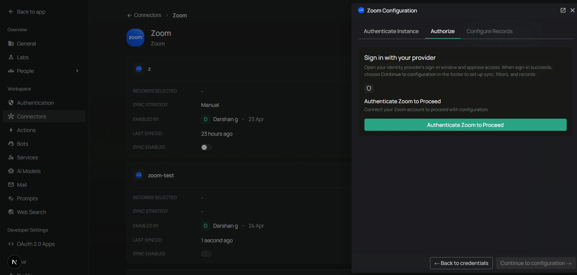 PipesHub Authorize tab with the Authenticate button