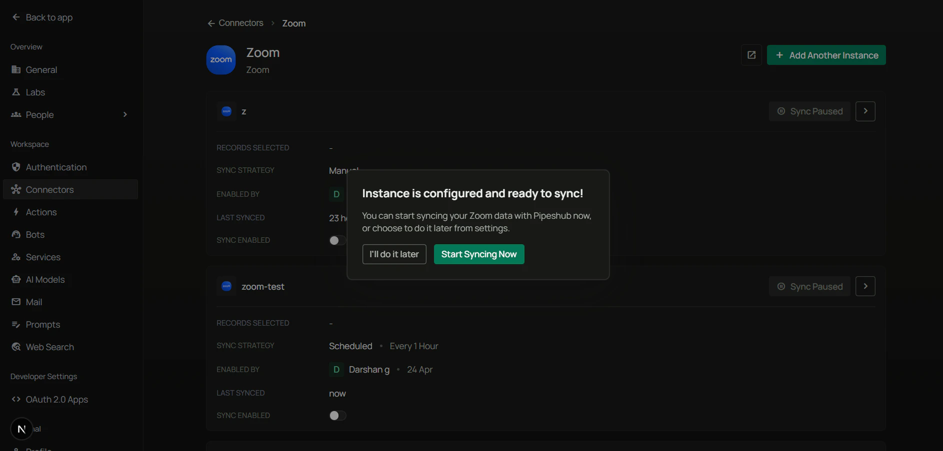 Instance is configured and ready to sync — I'll do it later or Start syncing now