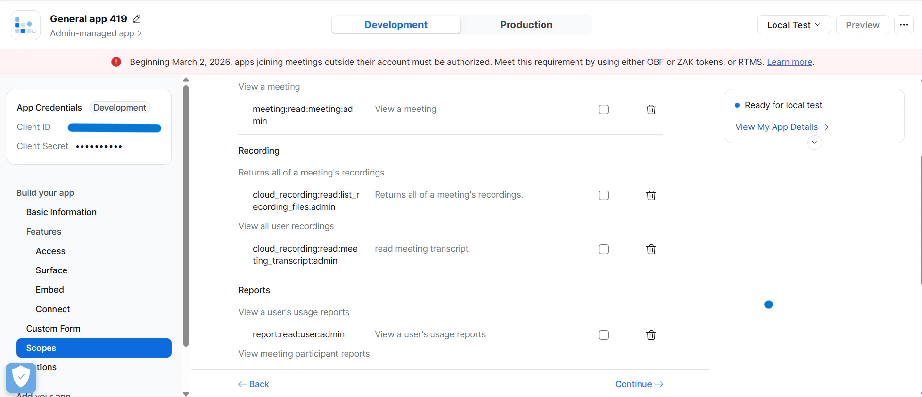 Add the six admin scopes to the Zoom app