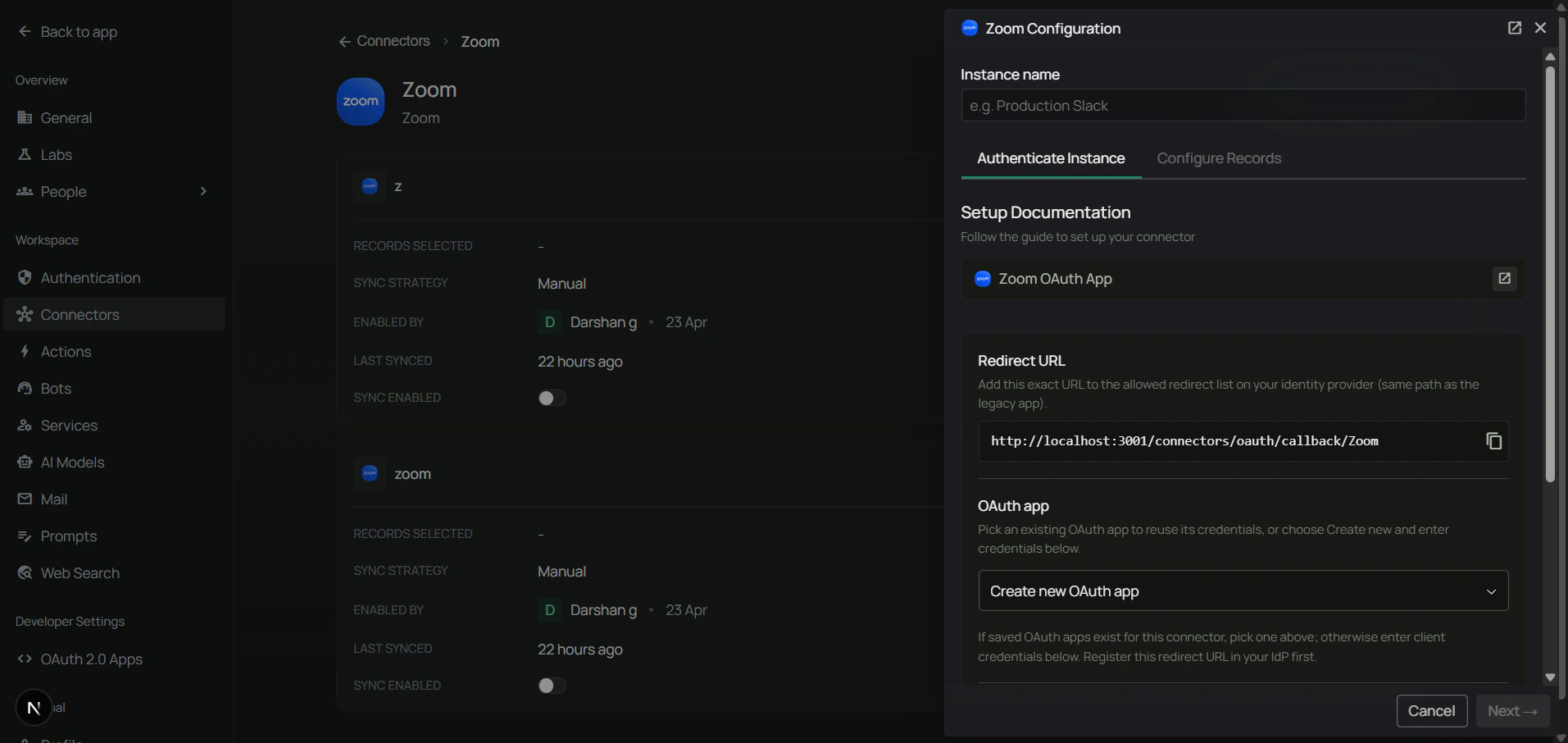 PipesHub Zoom Authenticate Instance tab — copy the Redirect URL