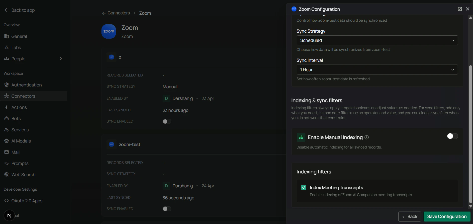 Configure Records tab — Index Meeting Transcripts toggle