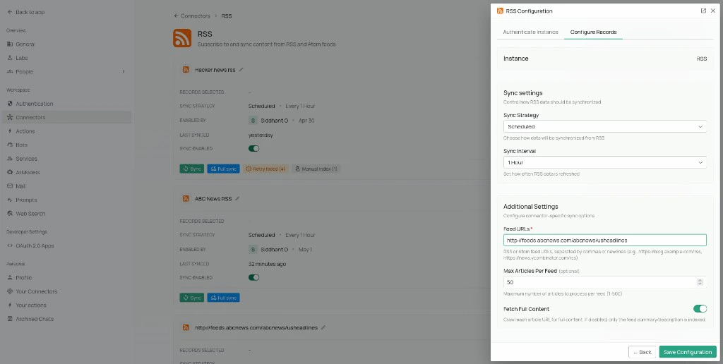 RSS Configure Records tab with sync settings and feed URL field