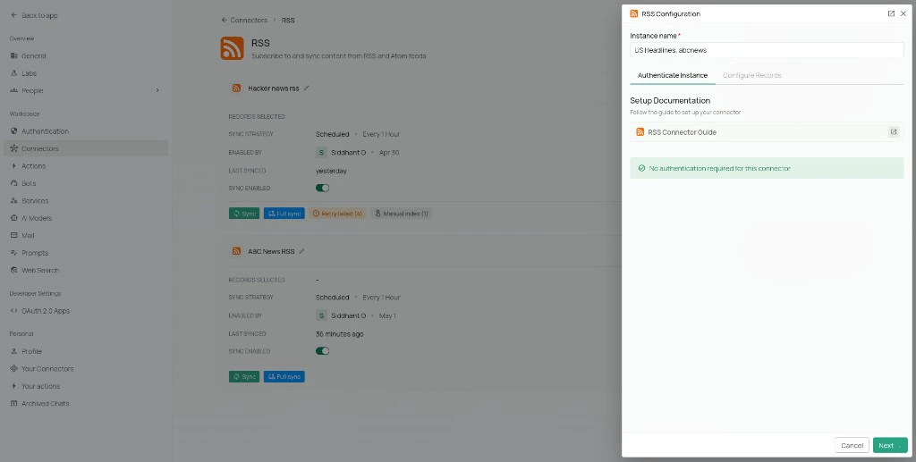 RSS connector instance name filled on Authenticate Instance tab