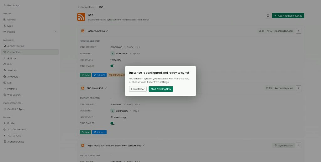 RSS ready-to-sync confirmation dialog with Start Syncing Now option