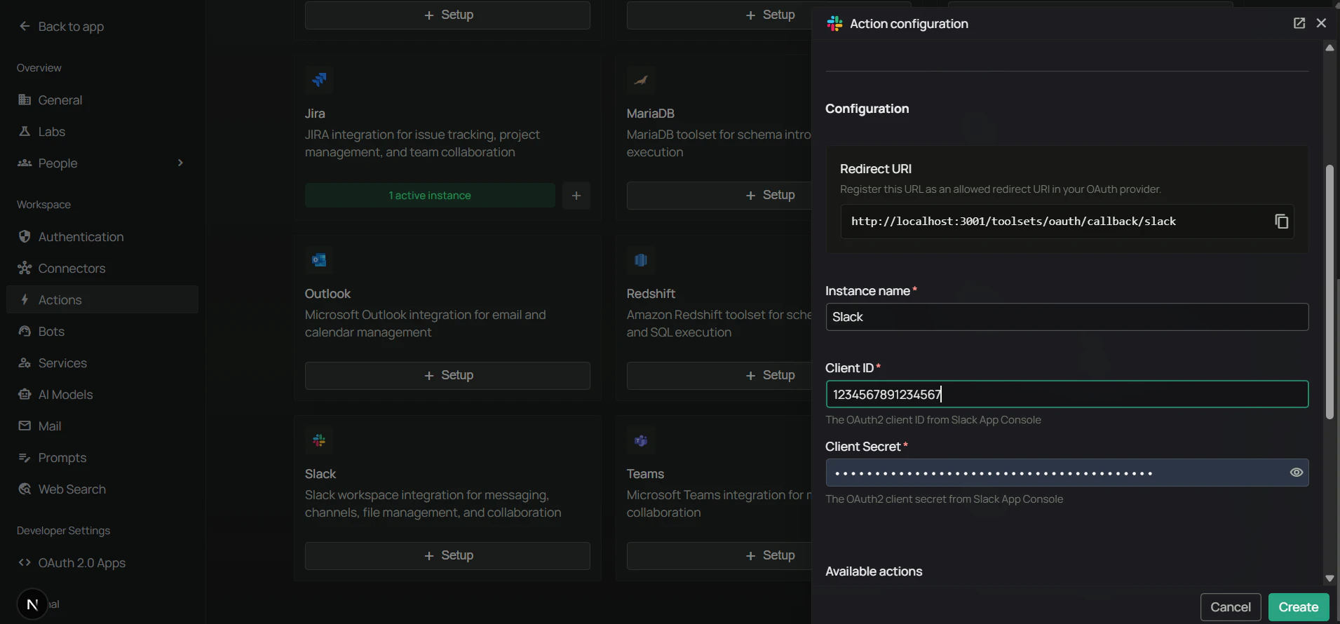Enter Slack Client ID and Client Secret in PipesHub
