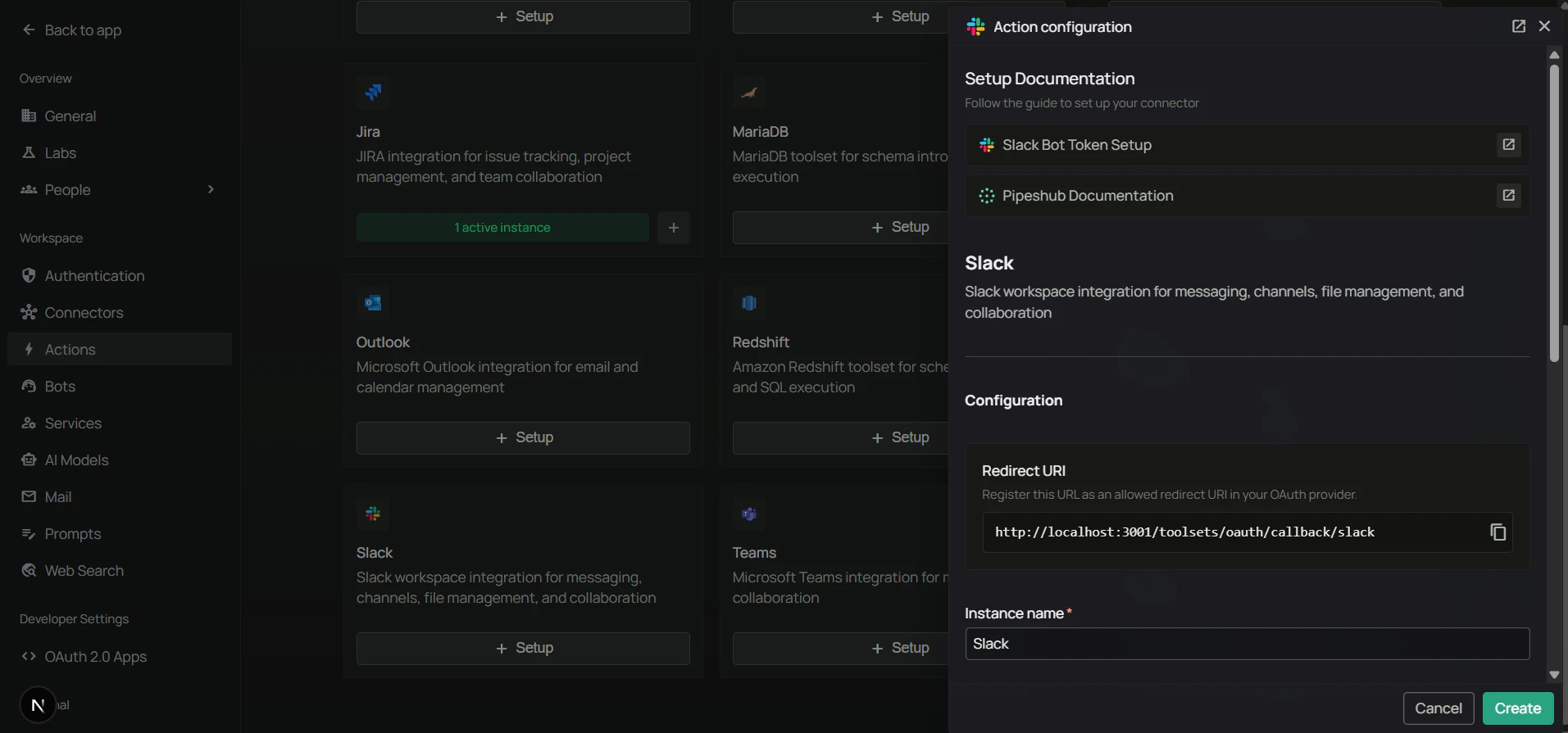 PipesHub Configure Slack toolset — copy the Redirect URI