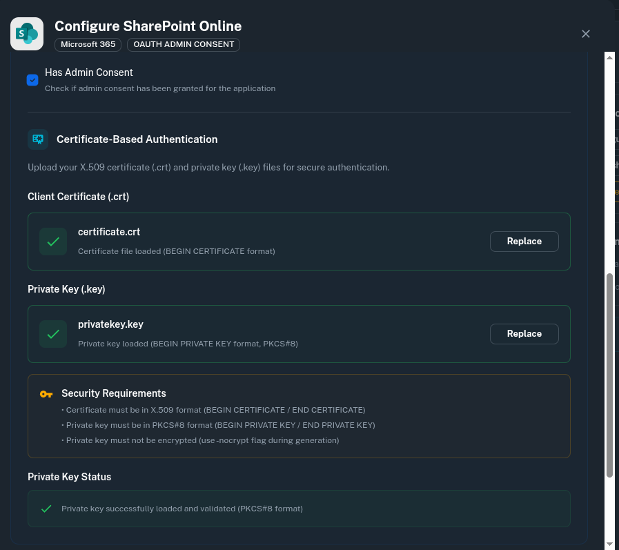 Uploading certificate and private key in PipesHub