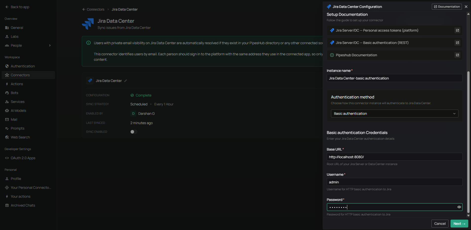 Authenticate Instance tab with Basic Authentication — Base URL, Username, Password fields