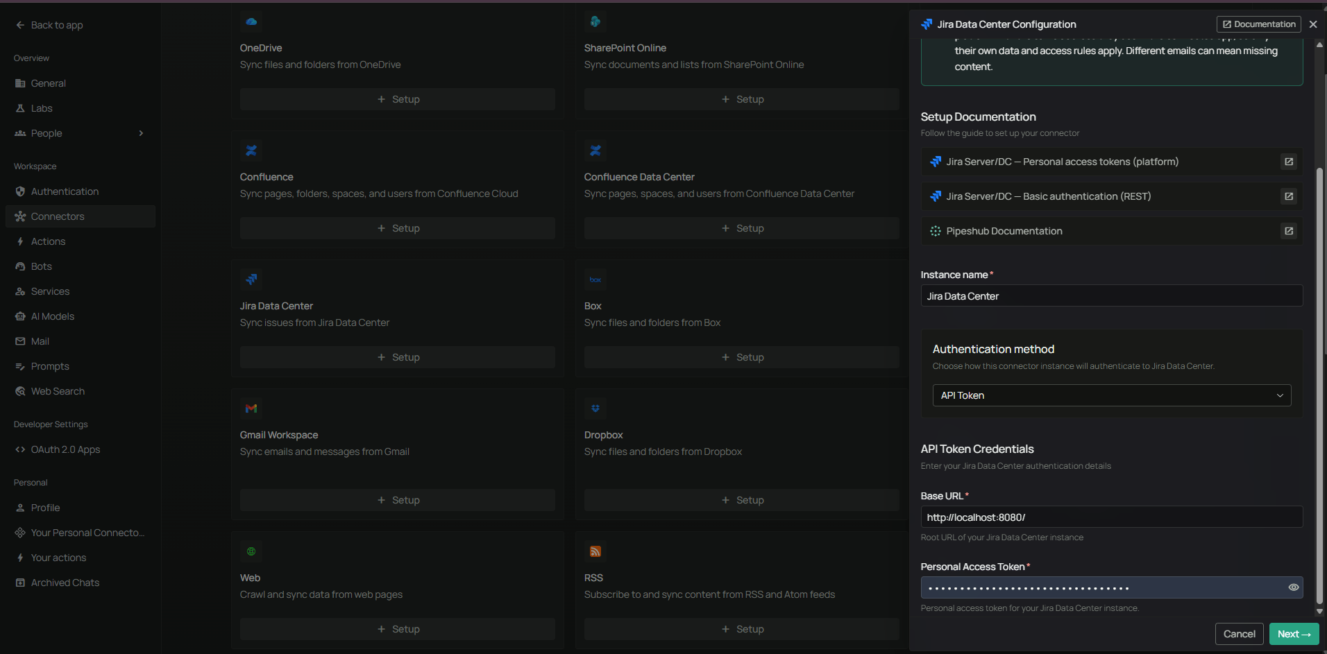 Authenticate Instance tab with Personal Access Token method — Base URL and token fields