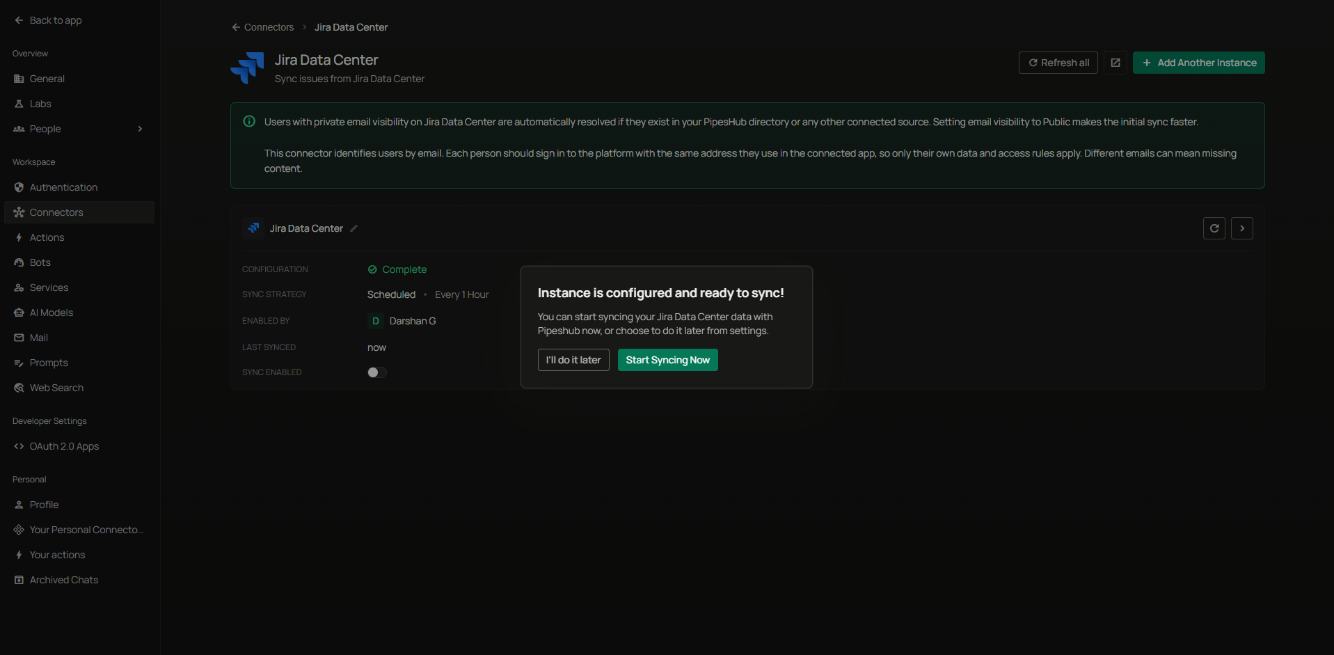 Instance is configured and ready to sync