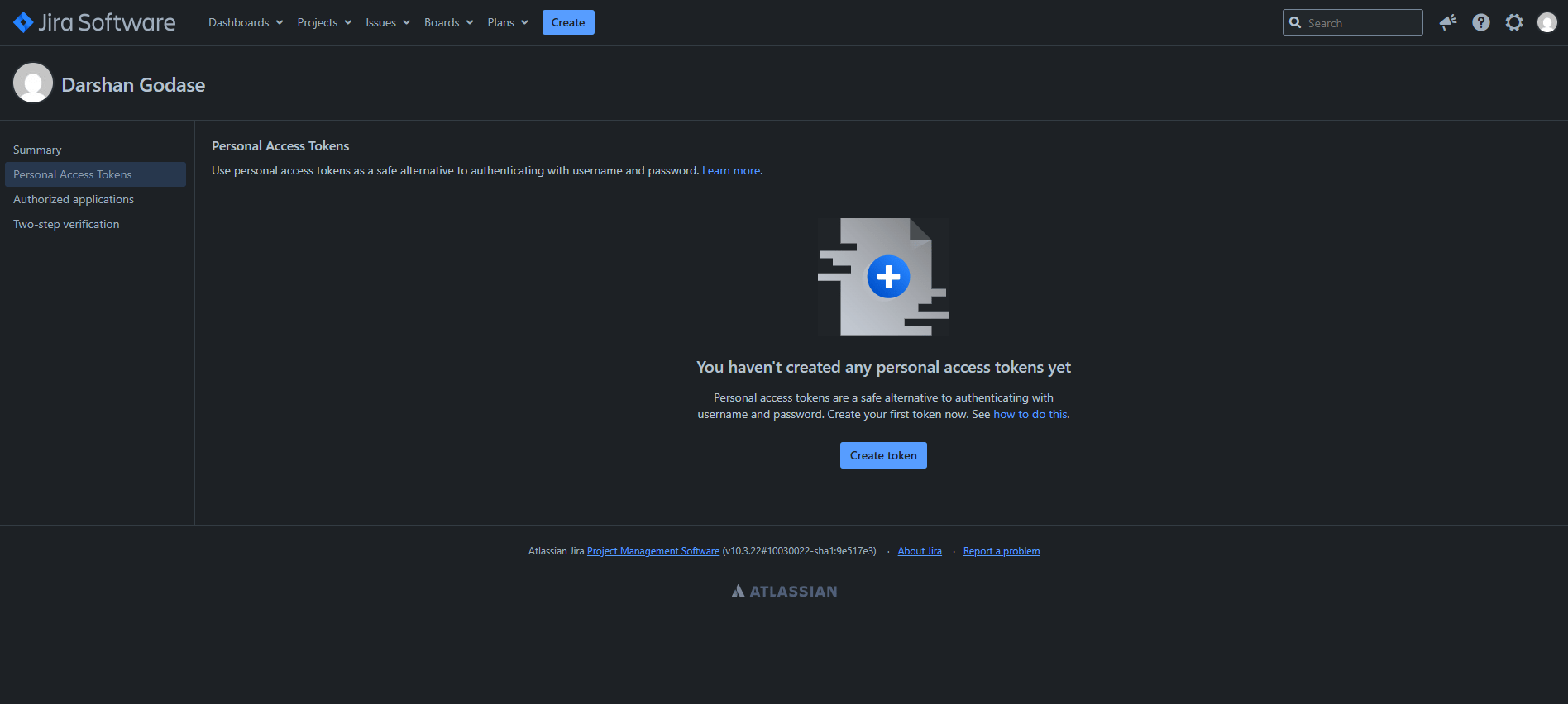 Jira Data Center profile menu — Personal Access Tokens