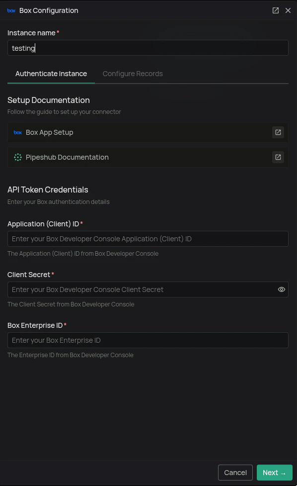 Box connector Authenticate tab with Client ID, Client Secret, and Enterprise ID fields