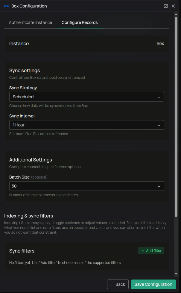 Box connector Configure tab with sync strategy, sync interval, and batch size settings