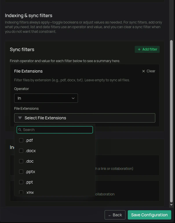 Box connector sync and indexing filters: modified date, created date, file extensions, shared by me, shared with me