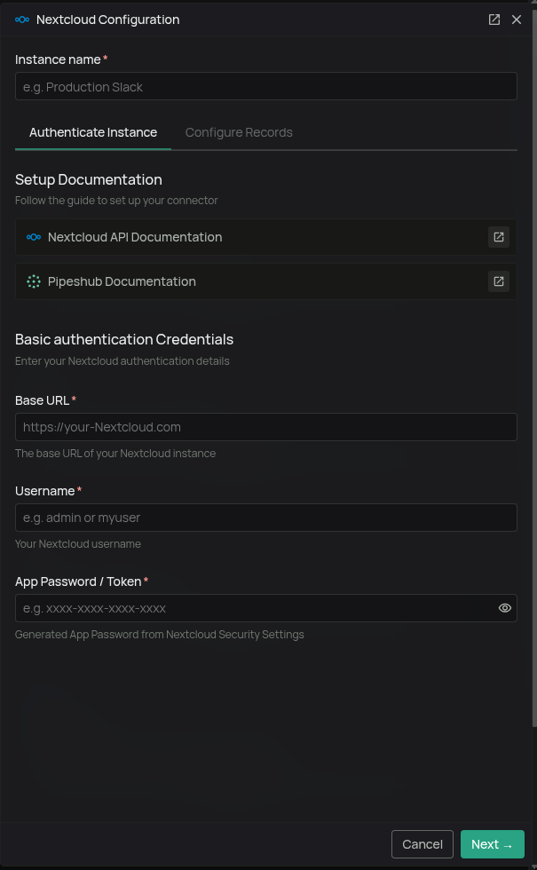 Nextcloud connector Authenticate tab with Base URL, Username, and App Password fields