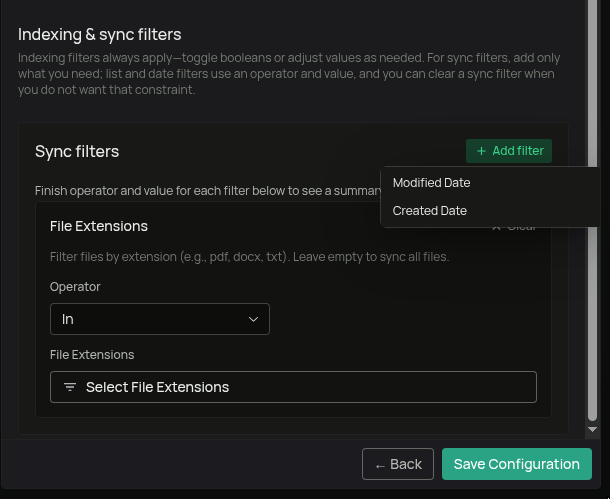 Nextcloud connector sync filters: modified date, created date, and file extensions