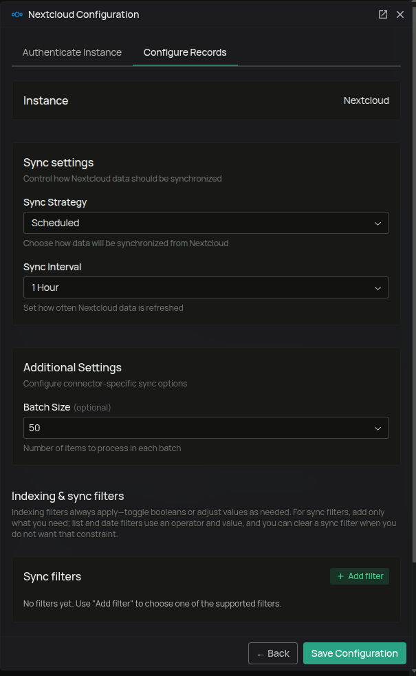 Nextcloud connector Configure tab showing overall sync settings: strategy, interval, and batch size