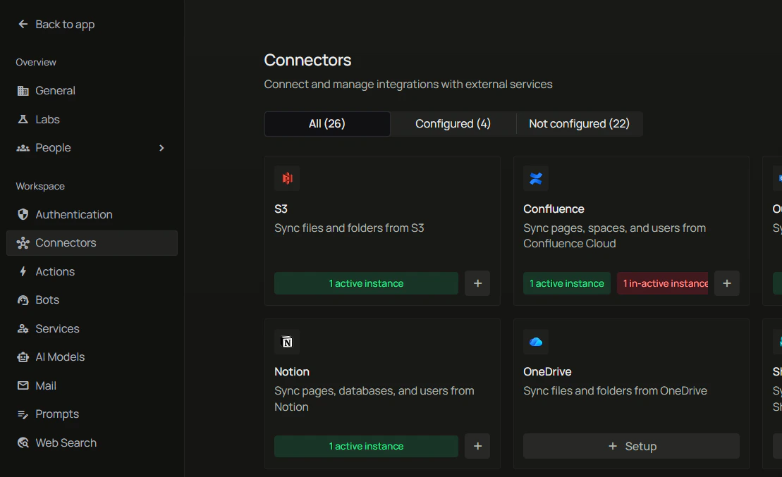 Workspace Connectors page with Outlook