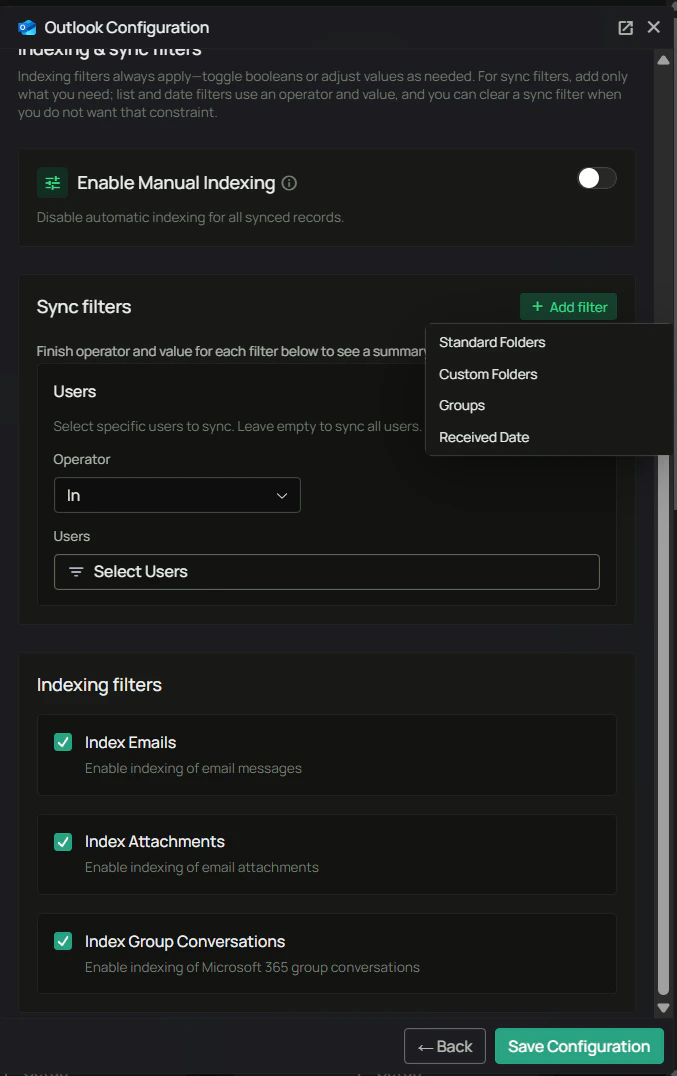 Outlook Configuration — indexing and sync filters