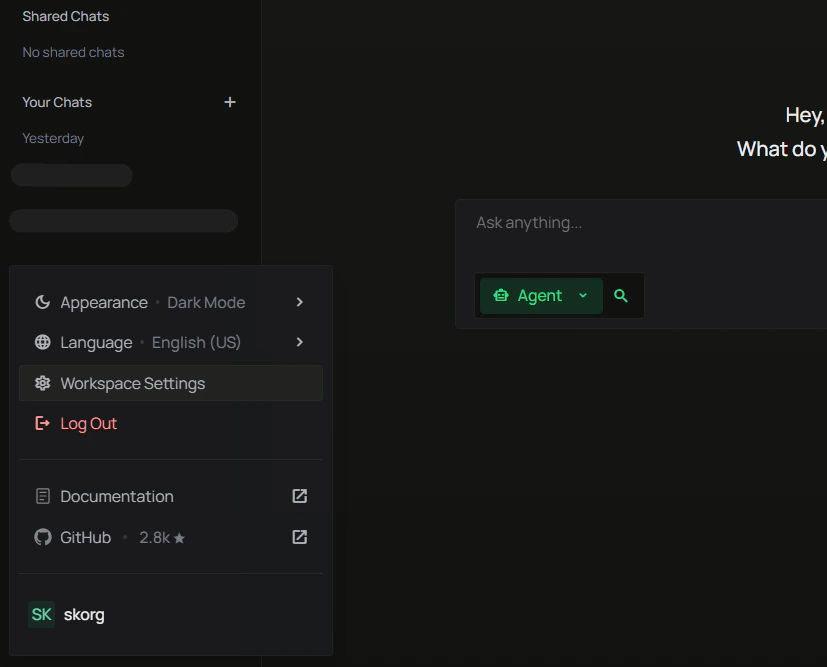 User profile menu with Workspace Settings