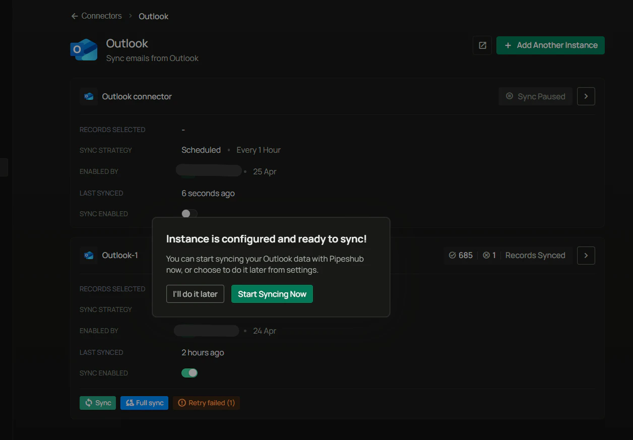 Instance ready to sync confirmation dialog