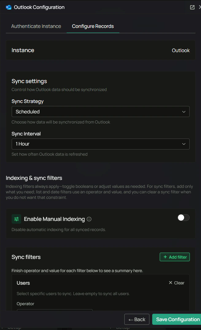 Outlook Configuration — Configure Records, sync strategy