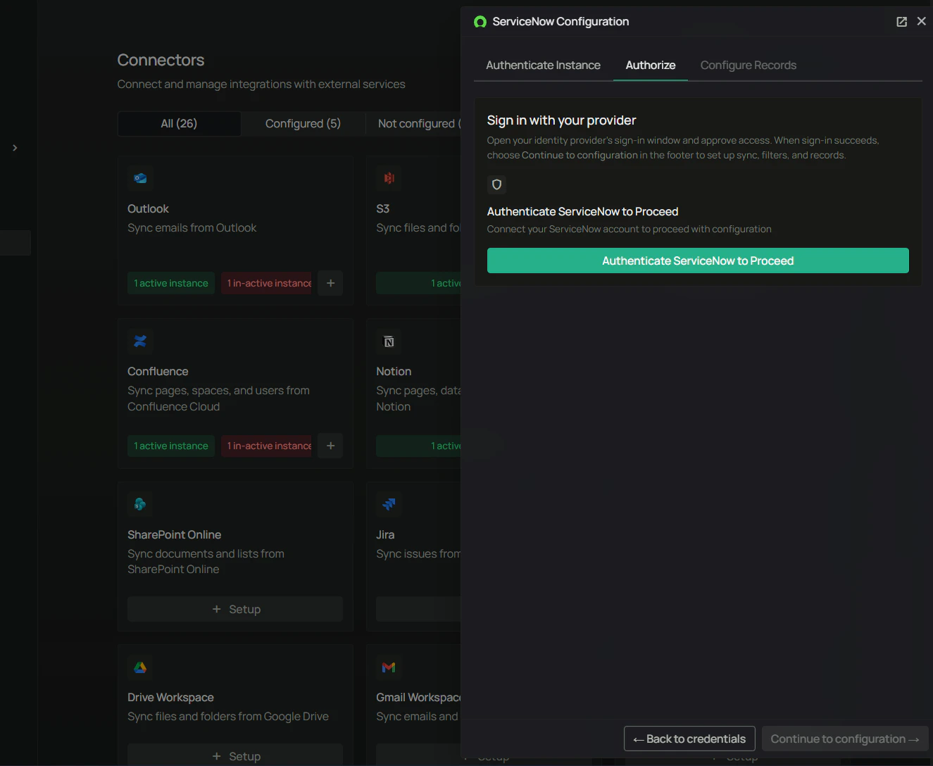 ServiceNow Configuration — Authorize tab before authentication