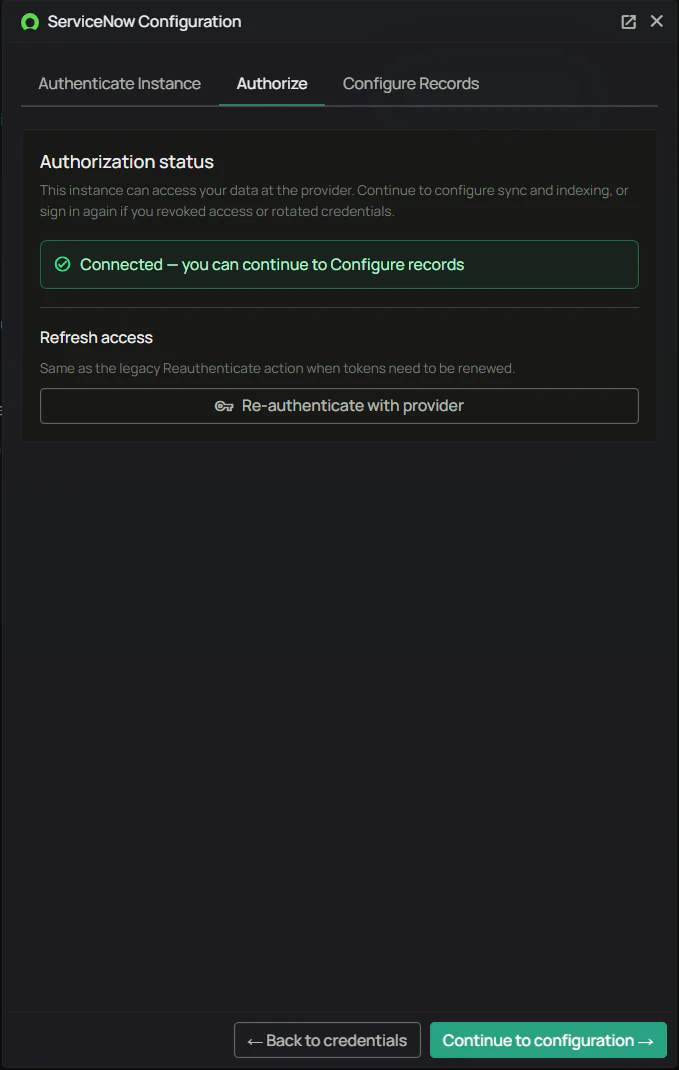 ServiceNow Configuration — Authorize tab after successful connection