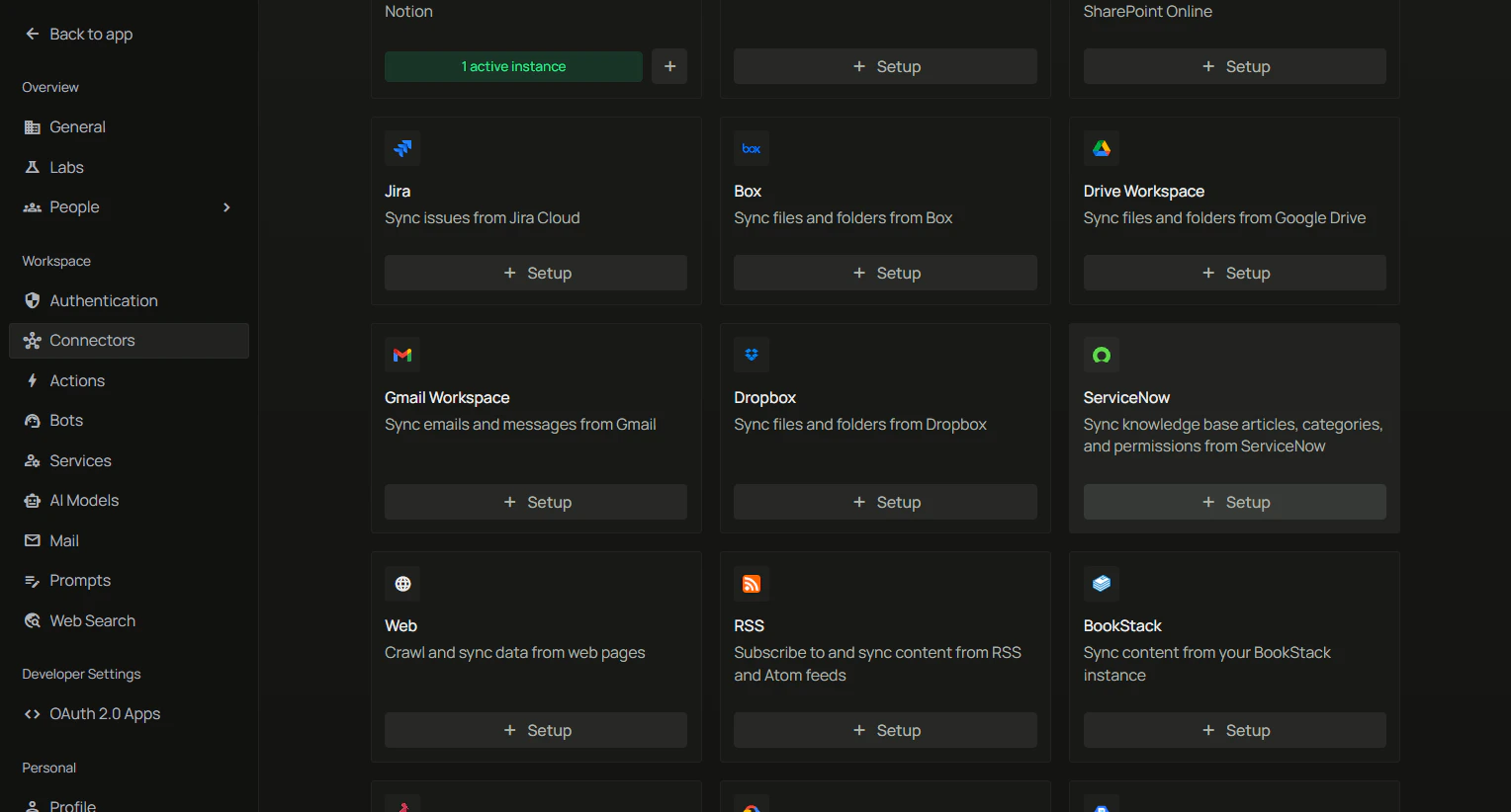 Connectors grid — ServiceNow card with + Setup