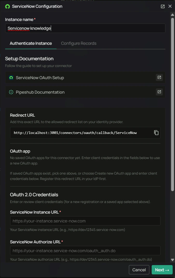 ServiceNow Configuration — Authenticate Instance, instance name and documentation